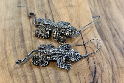 Cute Silver Bumpy Texture Lizard Dangle Earrings - Stamped and Tested Sterling Silver - Mexican Animal Jewelry