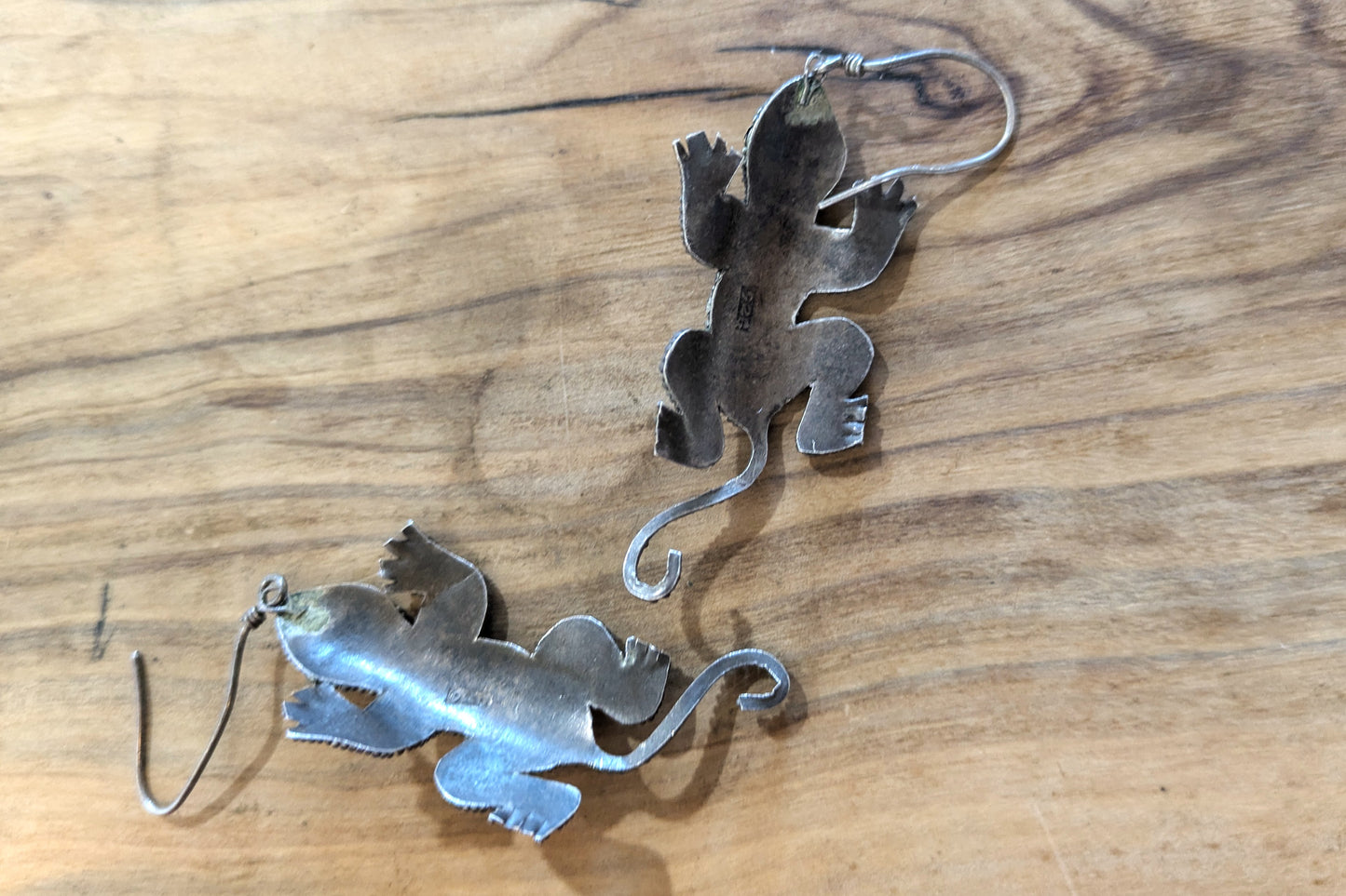 Cute Silver Bumpy Texture Lizard Dangle Earrings - Stamped and Tested Sterling Silver - Mexican Animal Jewelry