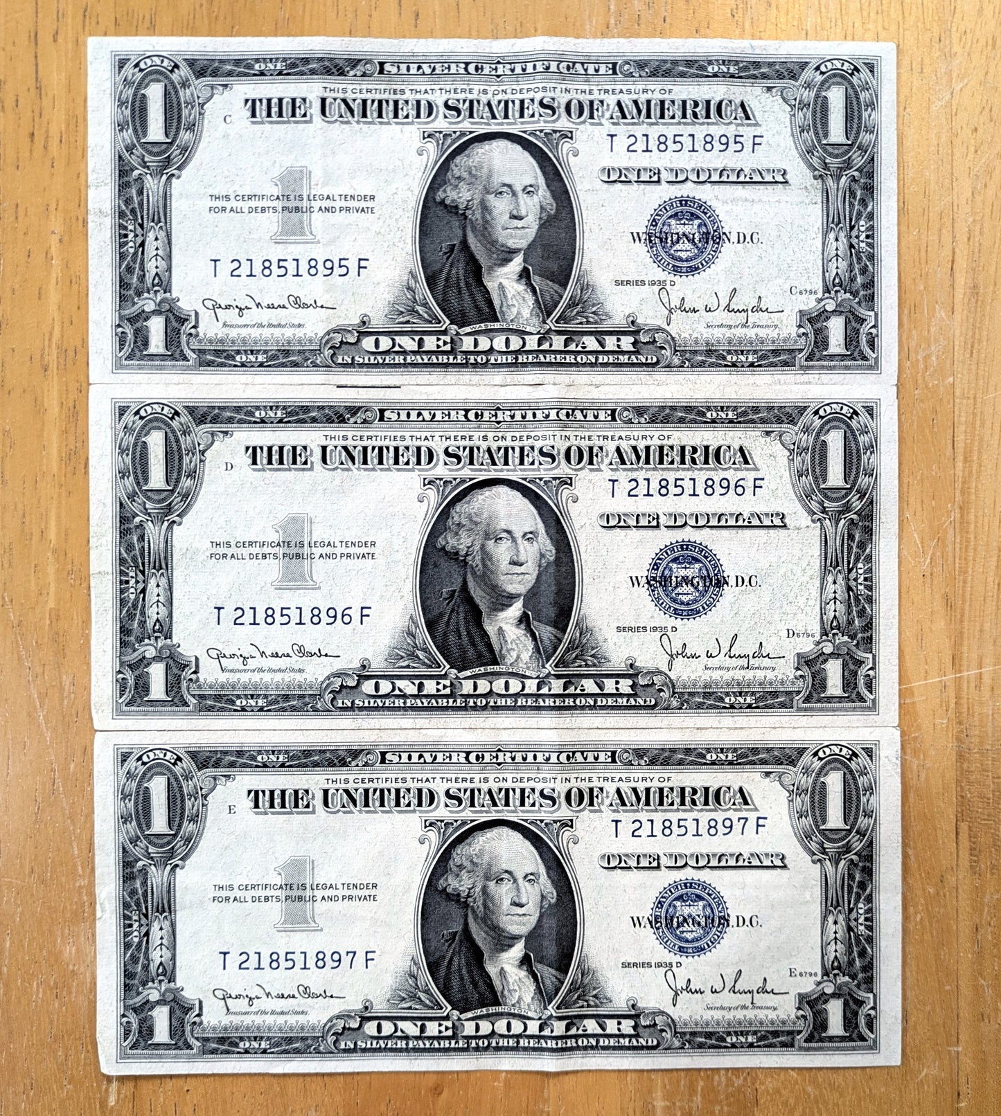 1935 D Silver Cert Consecutive Notes, Set of 3 - Sequential Serial Numbers - 1935 One Dollar Blue Seal Note - Fr#1613