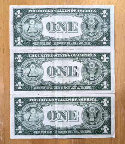 1935 D Silver Cert Consecutive Notes, Set of 3 - Sequential Serial Numbers - 1935 One Dollar Blue Seal Note - Fr#1613