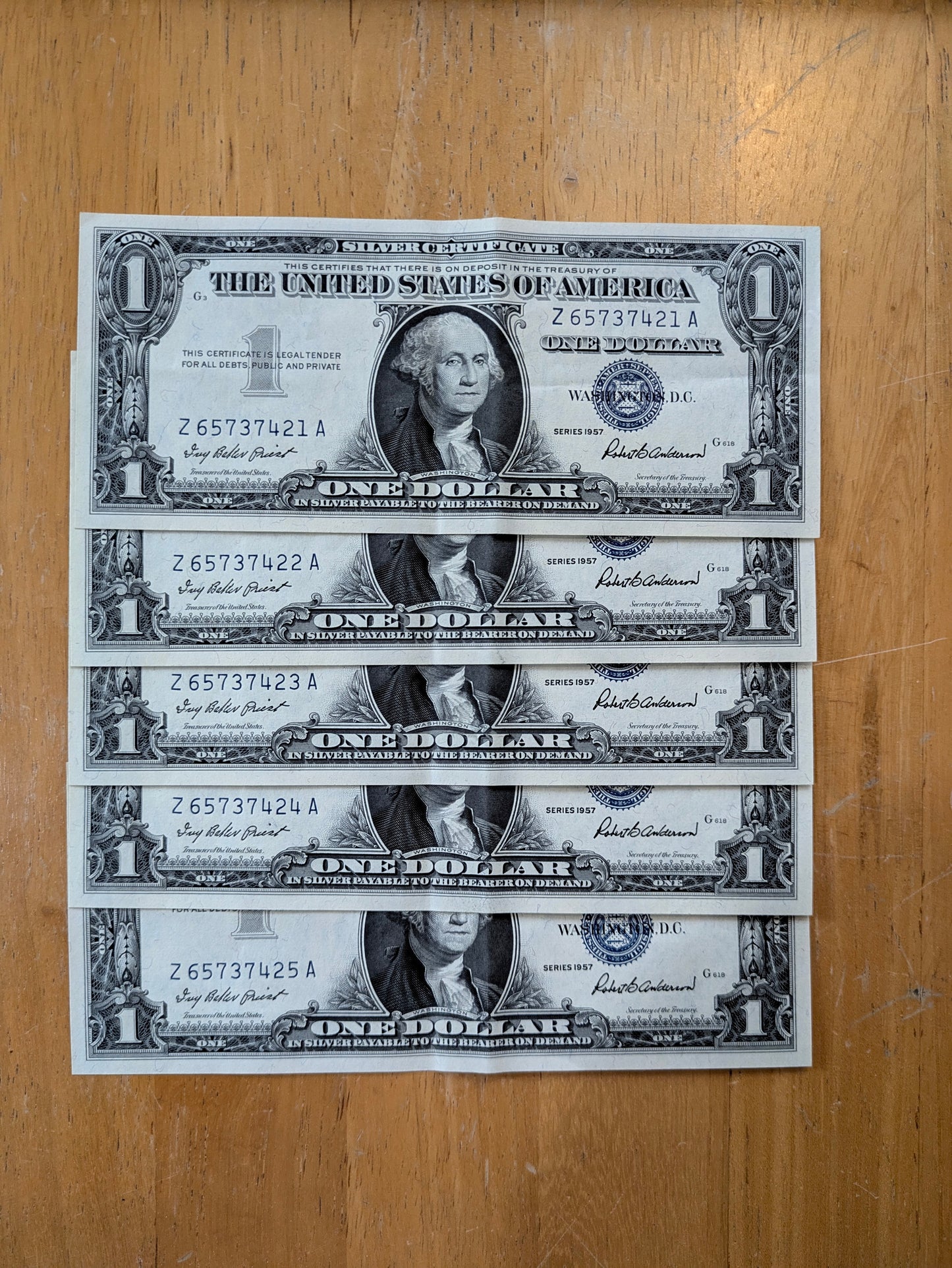 Set of Five 1957 Silver Cert Sequential Notes - Consecutive Serial Numbers - 1957 Silver Cert Blue Seal Banknotes - Fr#1619