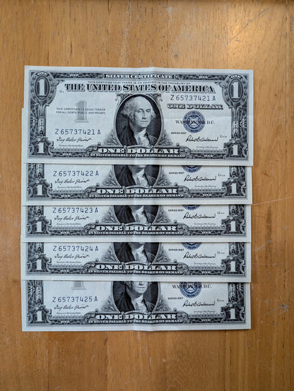 Set of Five 1957 Silver Cert Sequential Notes - Consecutive Serial Numbers - 1957 Silver Cert Blue Seal Banknotes - Fr#1619