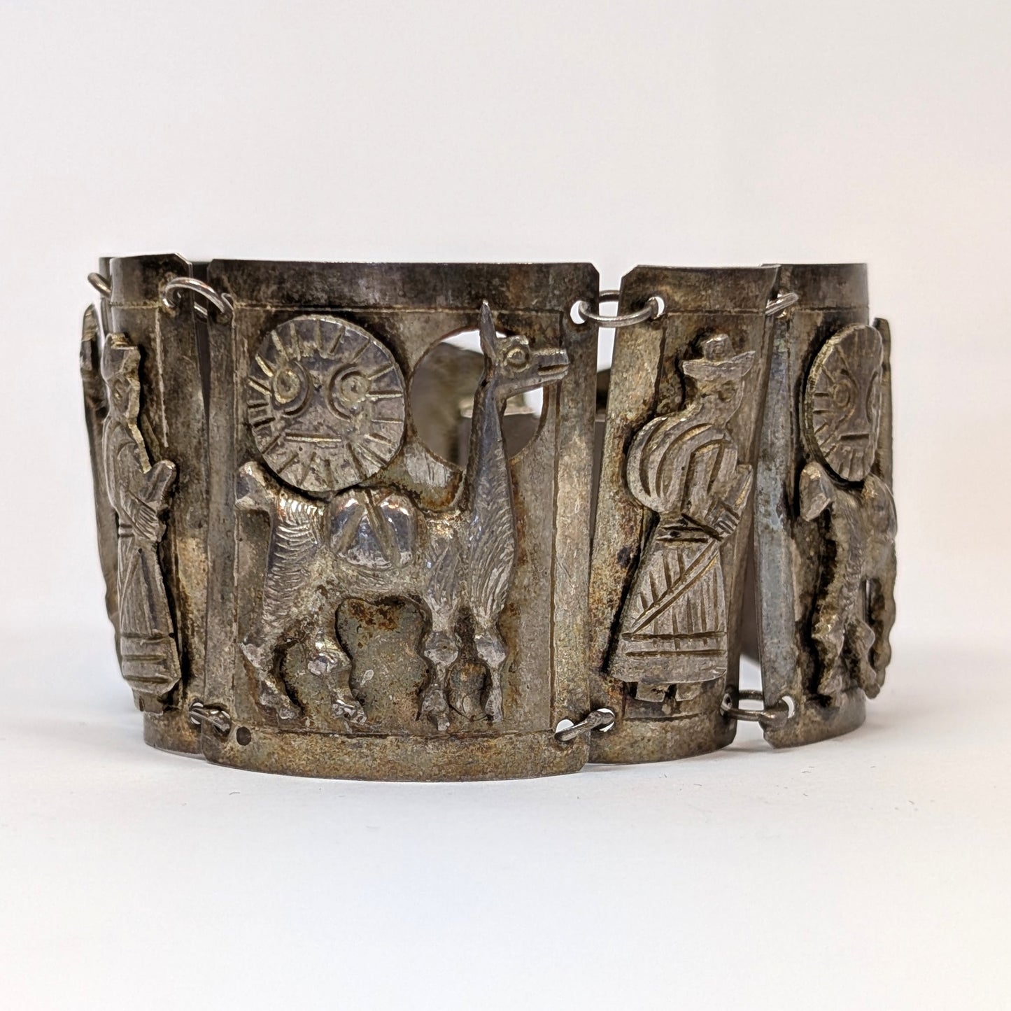 Sterling Llama & Peasant Storyteller Folk Art Panel Bracelet Hand signed "MM" Incan Peru