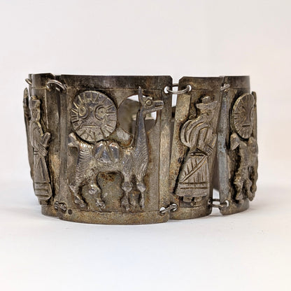 Sterling Llama & Peasant Storyteller Folk Art Panel Bracelet Hand signed "MM" Incan Peru
