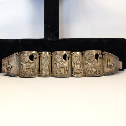 Sterling Llama & Peasant Storyteller Folk Art Panel Bracelet Hand signed "MM" Incan Peru