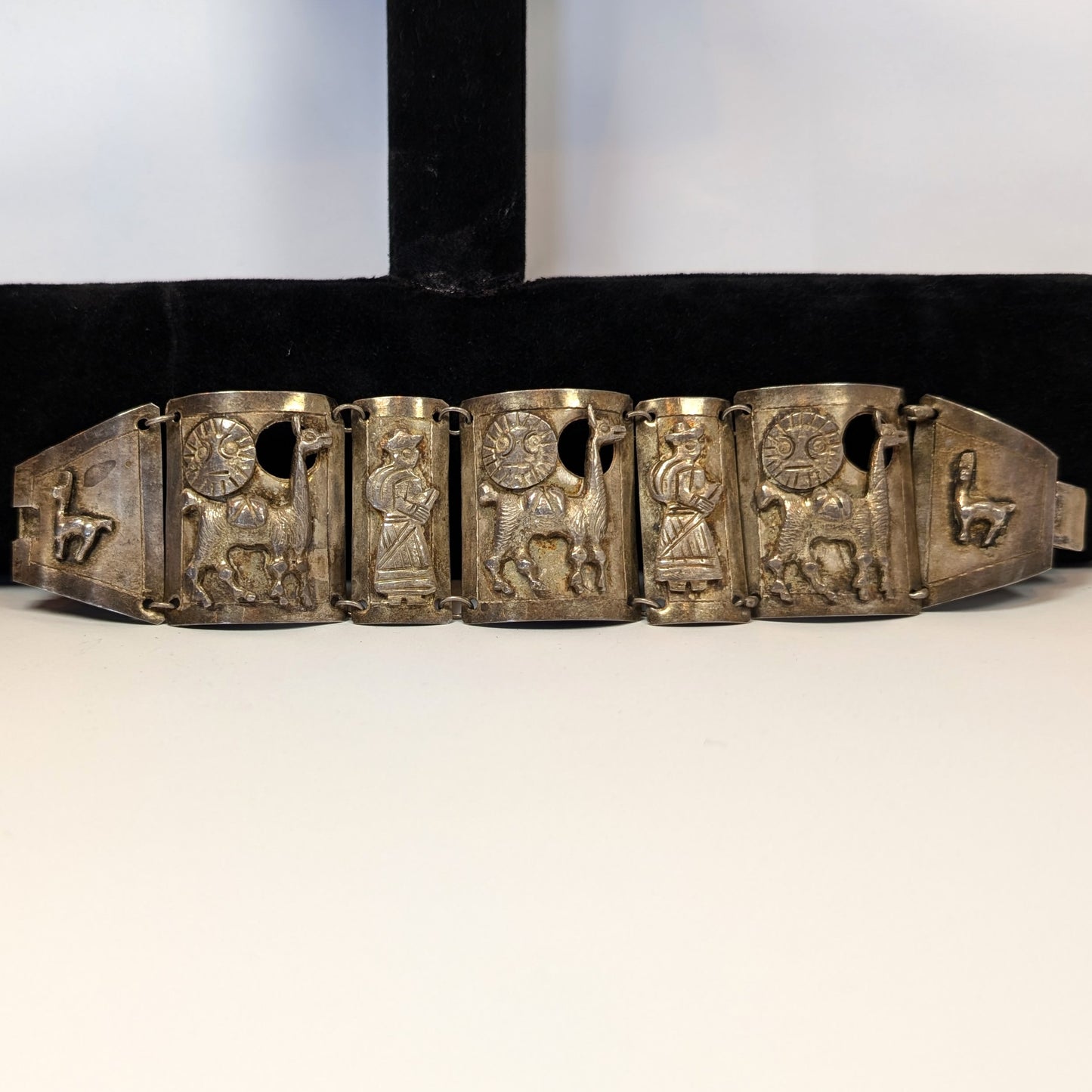 Sterling Llama & Peasant Storyteller Folk Art Panel Bracelet Hand signed "MM" Incan Peru