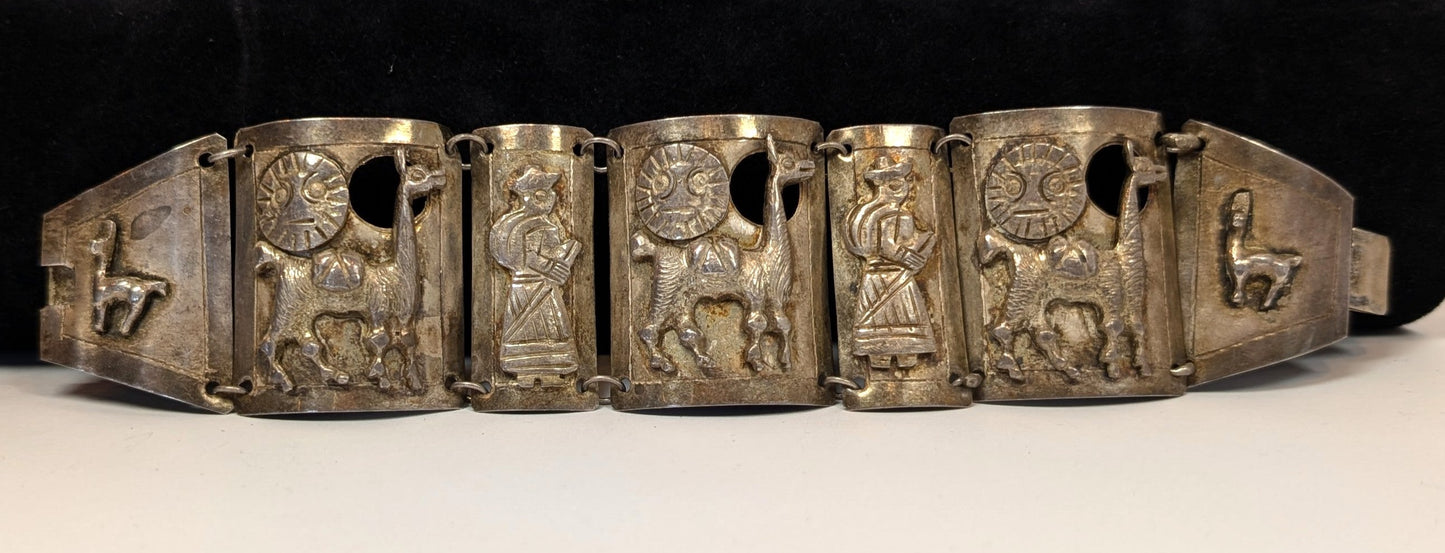 Sterling Llama & Peasant Storyteller Folk Art Panel Bracelet Hand signed "MM" Incan Peru