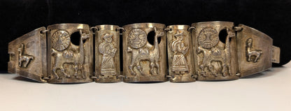 Sterling Llama & Peasant Storyteller Folk Art Panel Bracelet Hand signed "MM" Incan Peru