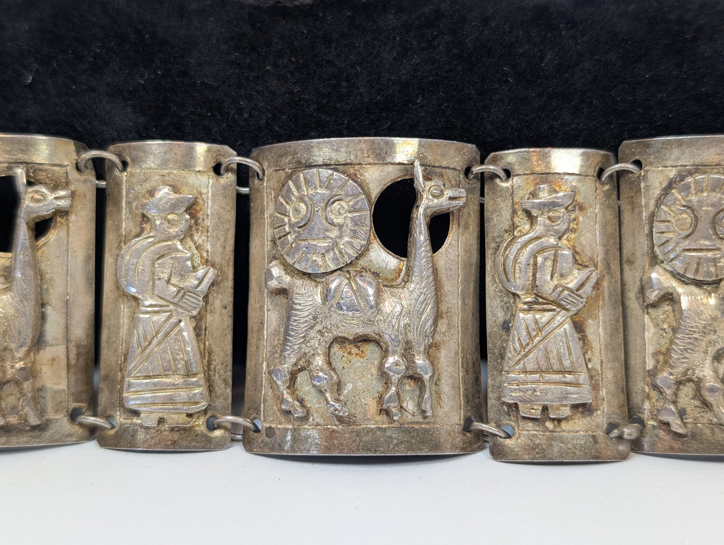 Sterling Llama & Peasant Storyteller Folk Art Panel Bracelet Hand signed "MM" Incan Peru