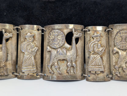 Sterling Llama & Peasant Storyteller Folk Art Panel Bracelet Hand signed "MM" Incan Peru