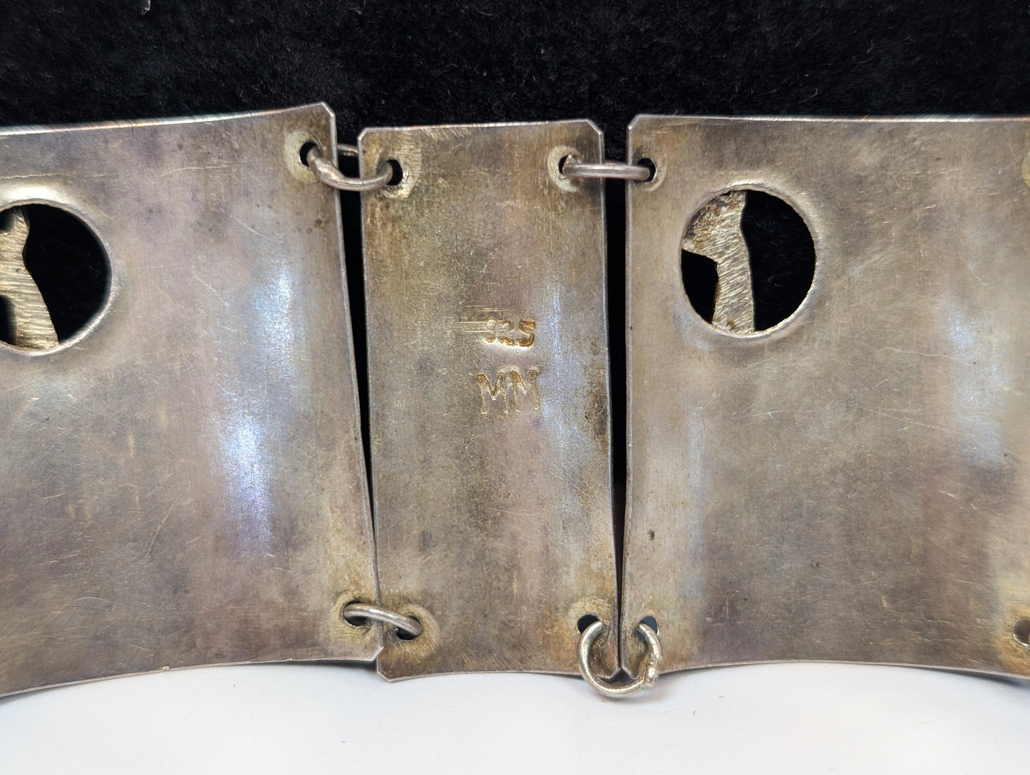 Sterling Llama & Peasant Storyteller Folk Art Panel Bracelet Hand signed "MM" Incan Peru