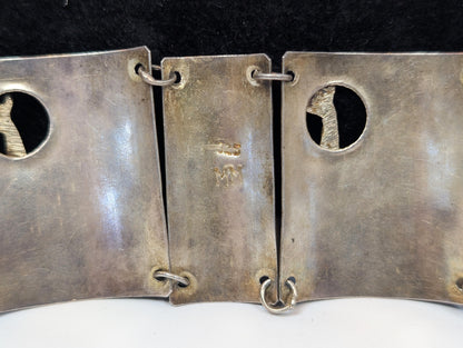 Sterling Llama & Peasant Storyteller Folk Art Panel Bracelet Hand signed "MM" Incan Peru