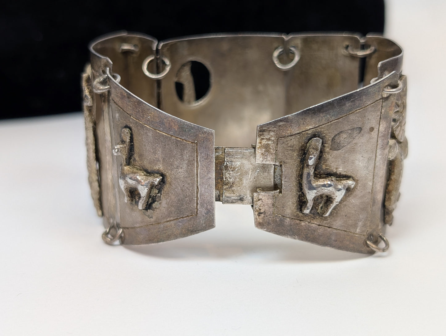 Sterling Llama & Peasant Storyteller Folk Art Panel Bracelet Hand signed "MM" Incan Peru