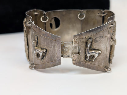 Sterling Llama & Peasant Storyteller Folk Art Panel Bracelet Hand signed "MM" Incan Peru