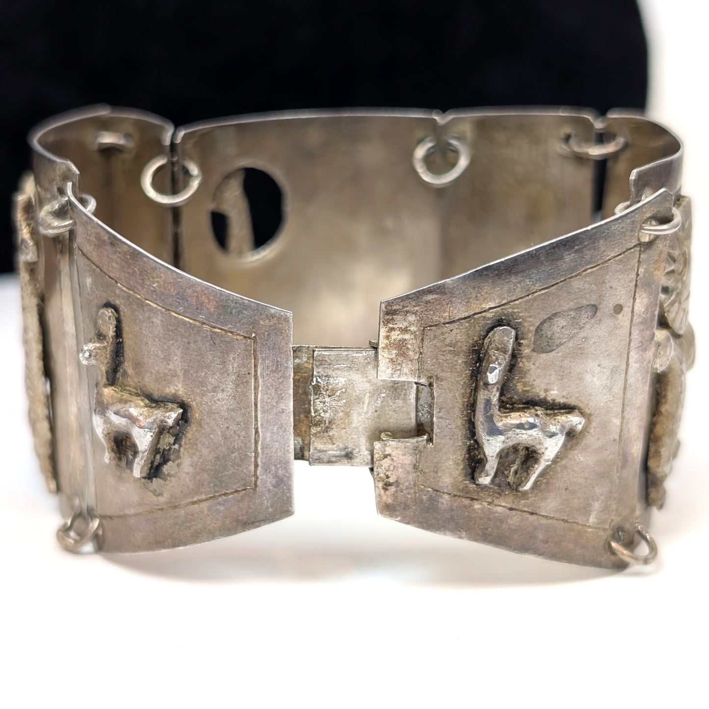Sterling Llama & Peasant Storyteller Folk Art Panel Bracelet Hand signed "MM" Incan Peru