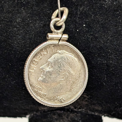Silver 1962 Dime Charm in Sterling Bezel Pendant - Franklin Roosevelt .900 and .925 Silver