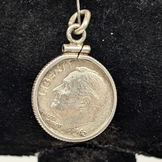 Silver 1962 Dime Charm in Sterling Bezel Pendant - Franklin Roosevelt .900 and .925 Silver