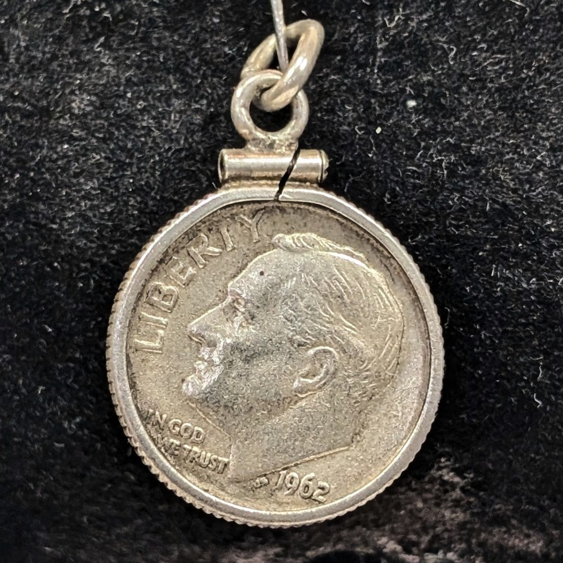 Silver 1962 Dime Charm in Sterling Bezel Pendant - Franklin Roosevelt .900 and .925 Silver