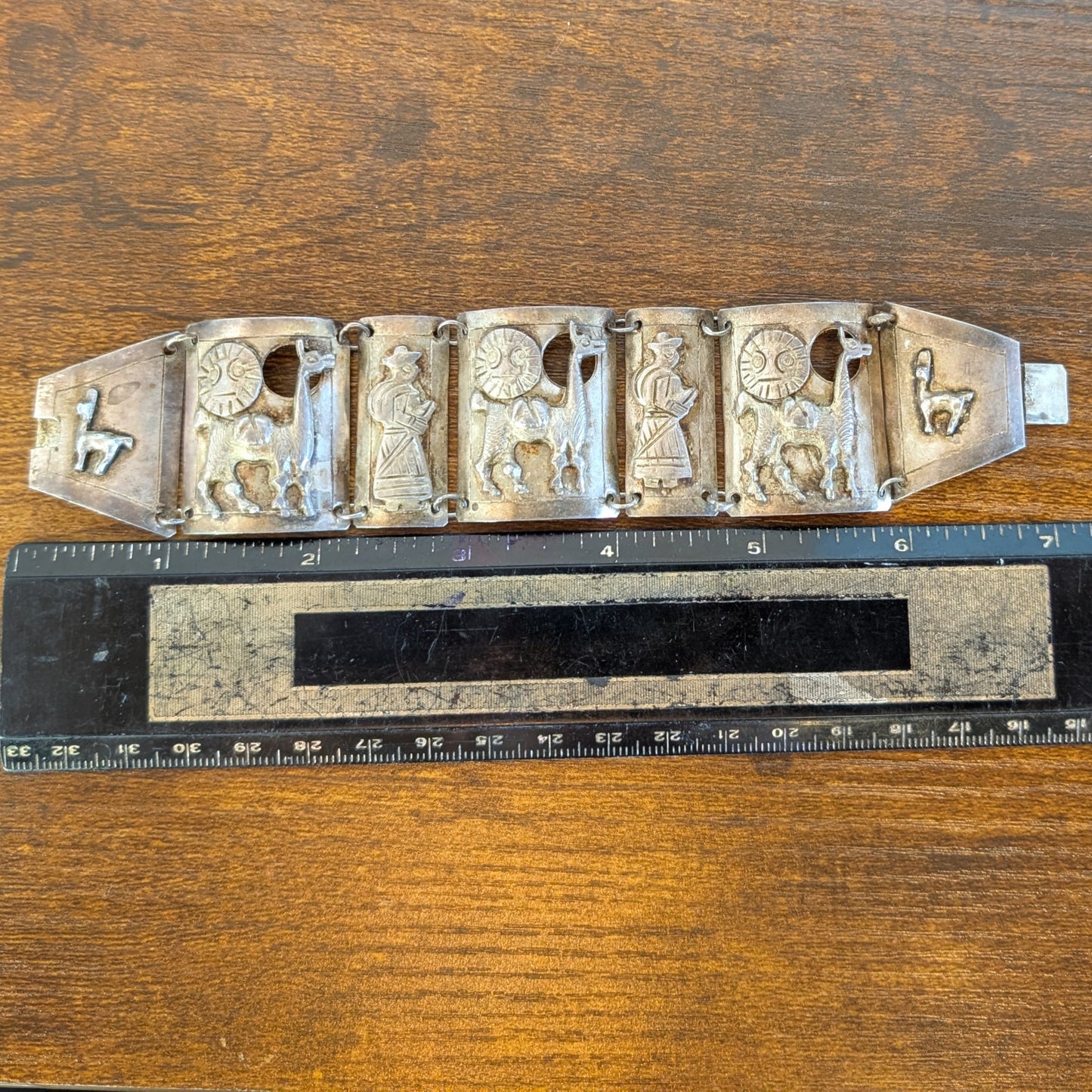 Sterling Llama & Peasant Storyteller Folk Art Panel Bracelet Hand signed "MM" Incan Peru