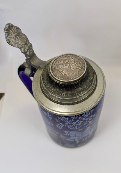Vintage Silver and Glass Rein-Zinn Beer Stein Topped with Rare Morgan Dollar