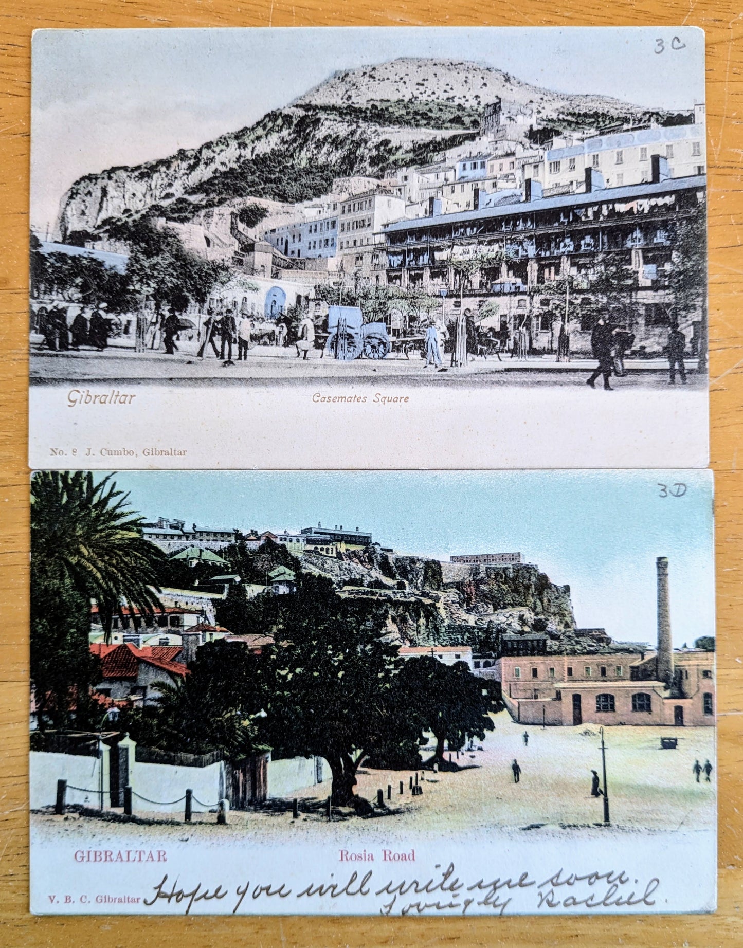 Lot of 2 1900s Gibraltar Casemates Square and Rosia Road Postcards - One Postmarked 1905 - Antique Gibraltar Island Scenes Postcards