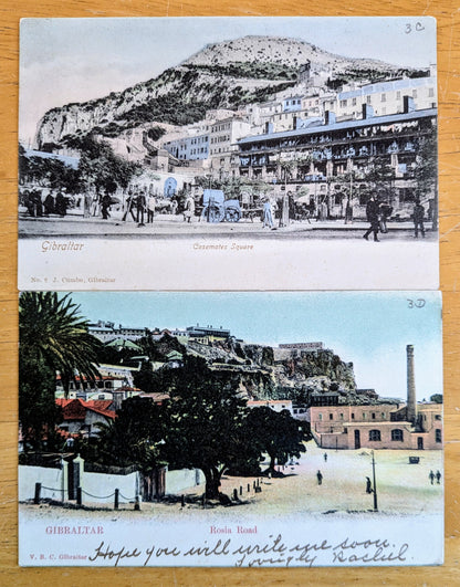 Lot of 2 1900s Gibraltar Casemates Square and Rosia Road Postcards - One Postmarked 1905 - Antique Gibraltar Island Scenes Postcards