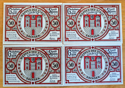 1921 Colditz Germany 50 Pfennig Notgeld Set - Set of 4 Different Backs- German Emergency Currency - 1921 German Fifty Pfennig Note Set