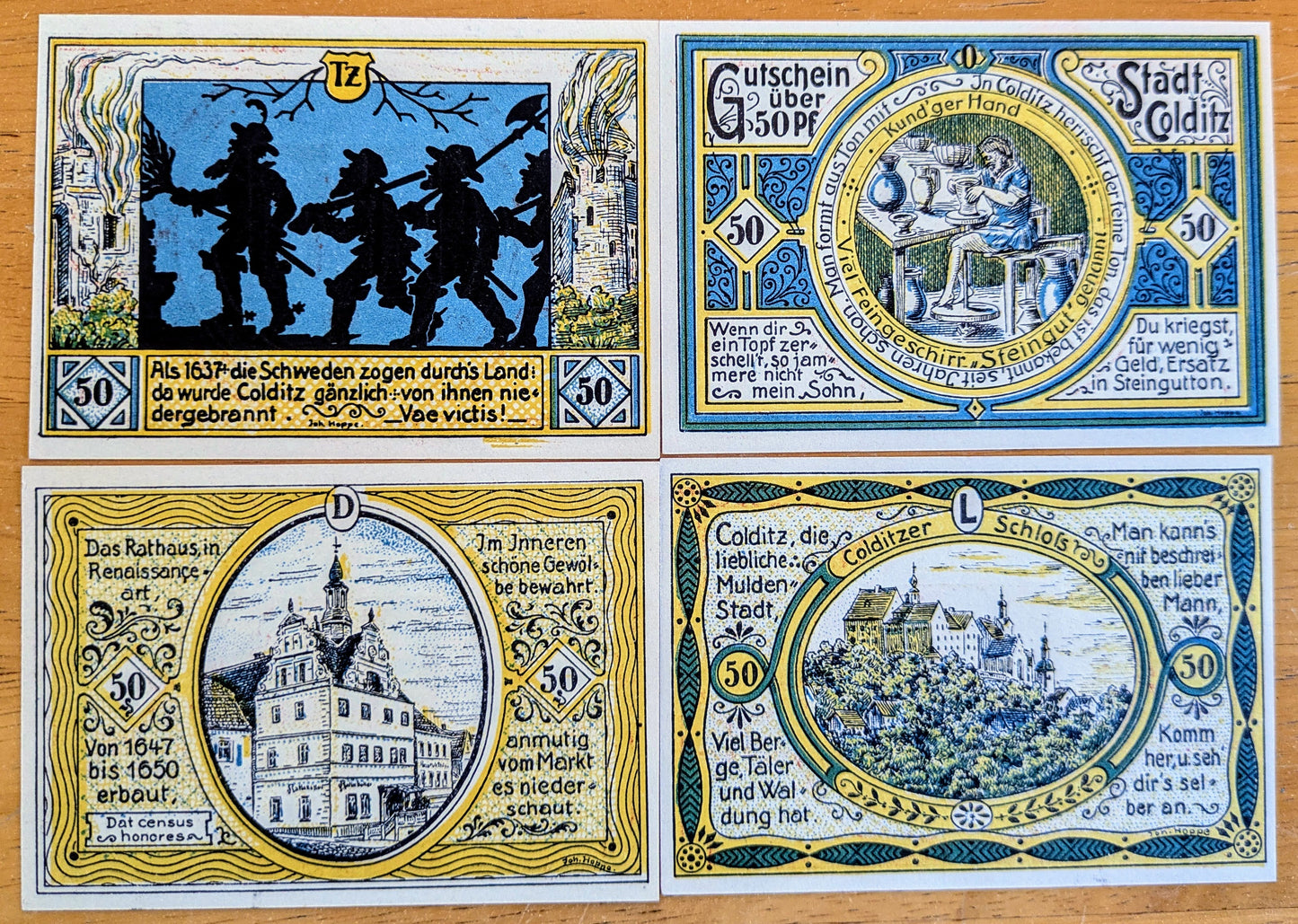 1921 Colditz Germany 50 Pfennig Notgeld Set - Set of 4 Different Backs- German Emergency Currency - 1921 German Fifty Pfennig Note Set