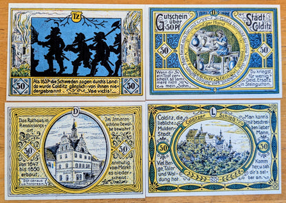 1921 Colditz Germany 50 Pfennig Notgeld Set - Set of 4 Different Backs- German Emergency Currency - 1921 German Fifty Pfennig Note Set