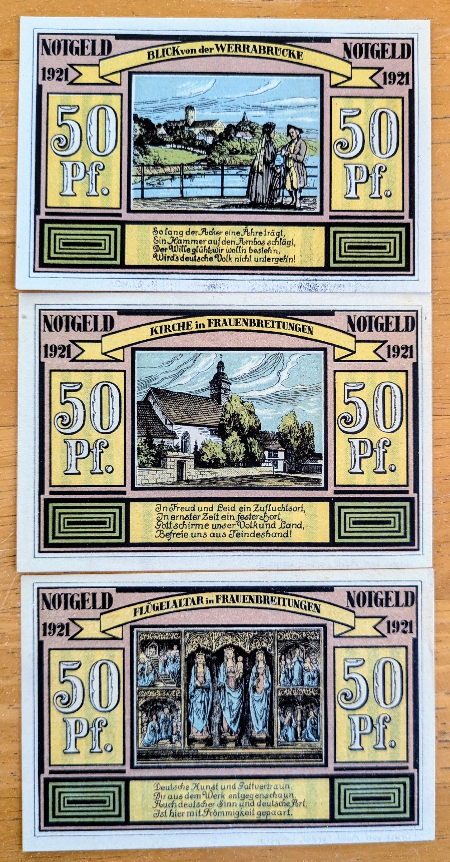 1921 Alten und Frauenbreitungen Germany 50 Pfennig Notgeld Set - Sights Series Set of 3 - 1921 German Emergency Currency Fifty Pfennig Notes