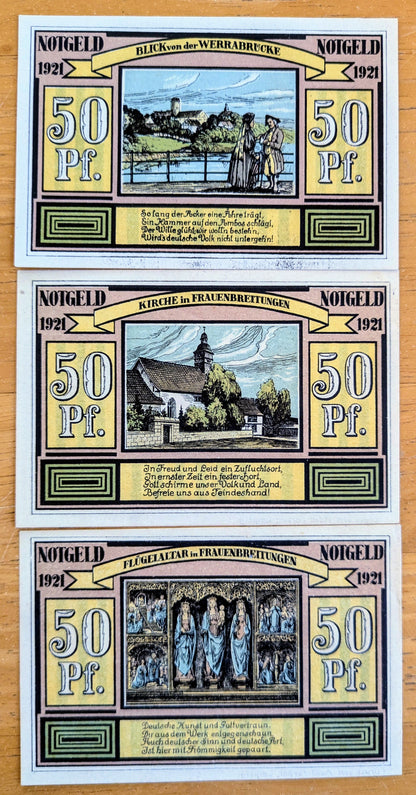 1921 Alten und Frauenbreitungen Germany 50 Pfennig Notgeld Set - Sights Series Set of 3 - 1921 German Emergency Currency Fifty Pfennig Notes