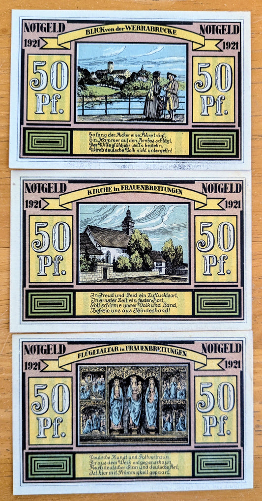 1921 Alten und Frauenbreitungen Germany 50 Pfennig Notgeld Set - Sights Series Set of 3 - 1921 German Emergency Currency Fifty Pfennig Notes