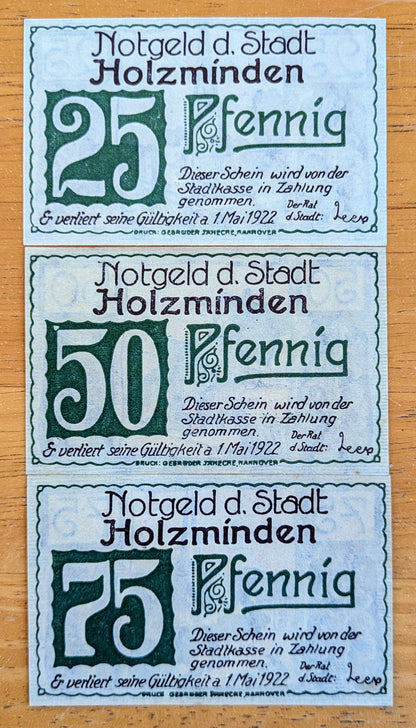 1922 Holzminden Germany 25, 50, 75 Pfennig Notgeld Set - Complete Denomination Set - 1922 German Emergency Currency Pfennig Note Set