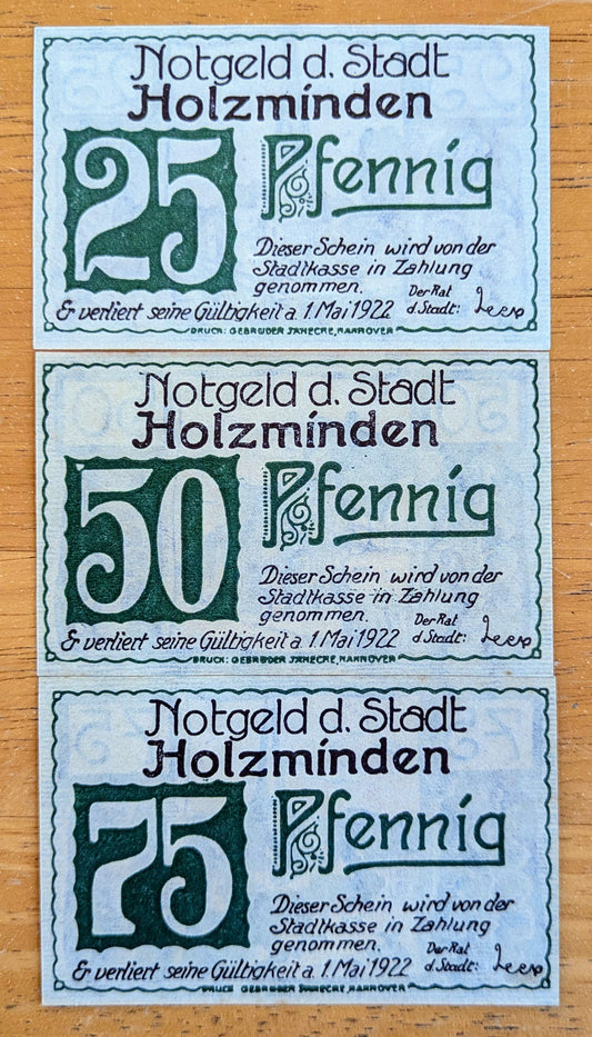 1922 Holzminden Germany 25, 50, 75 Pfennig Notgeld Set - Complete Denomination Set - 1922 German Emergency Currency Pfennig Note Set