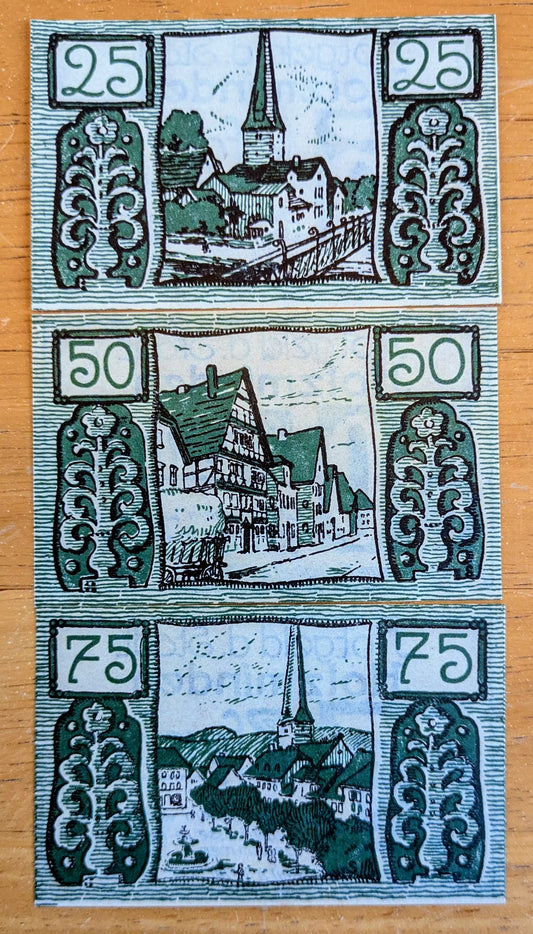 1922 Holzminden Germany 25, 50, 75 Pfennig Notgeld Set - Complete Denomination Set - 1922 German Emergency Currency Pfennig Note Set