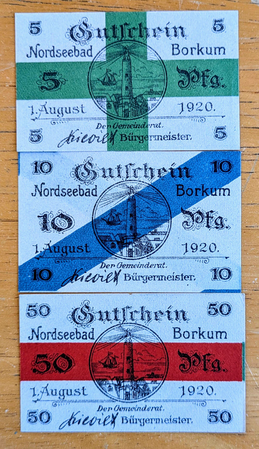 1920 Nordseebad Borkum Germany 5, 10, 50 Pfennig Notgeld Set - Lighthouse Notgeld - 1920 German Emergency Currency Pfennig Note Set