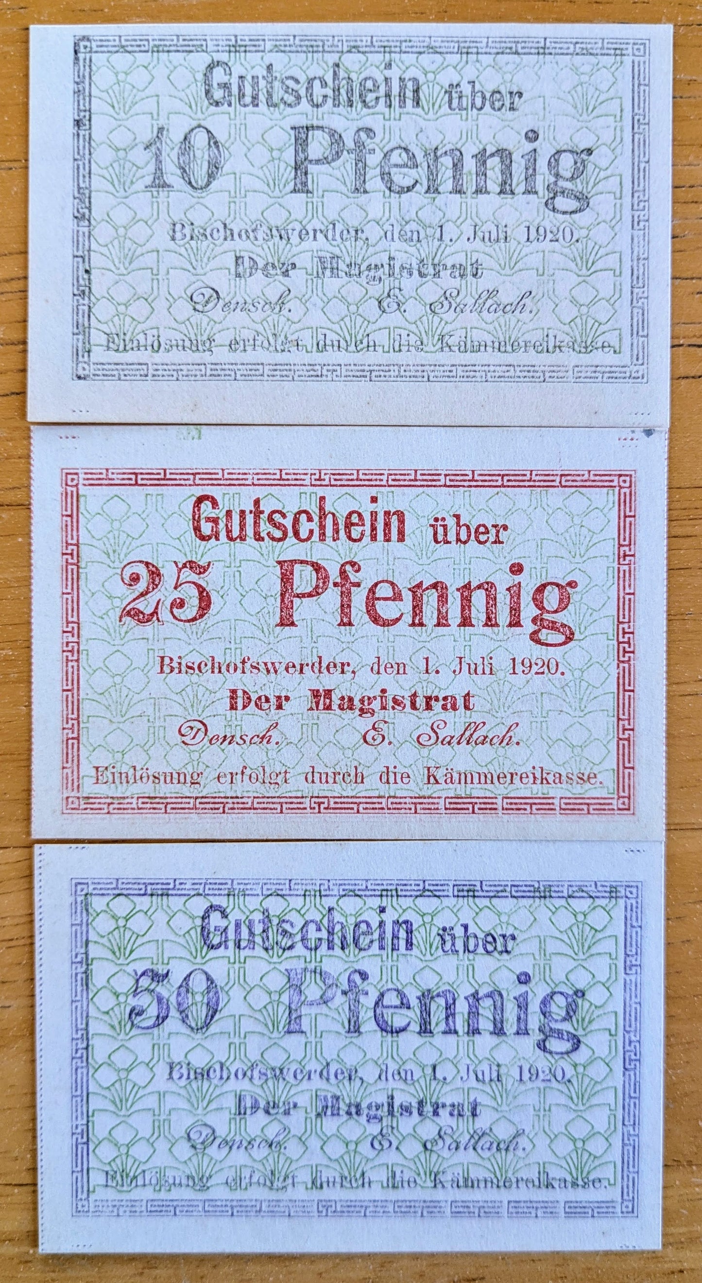 Rare 1920 Bischofswerder Germany 10, 25, 50 Pfennig Notgeld Set - Rare Underprint Type - 1920 German Emergency Complete Pfennig Set