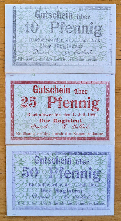 Rare 1920 Bischofswerder Germany 10, 25, 50 Pfennig Notgeld Set - Rare Underprint Type - 1920 German Emergency Complete Pfennig Set