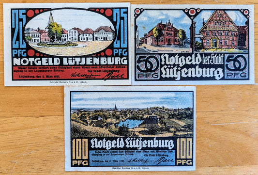 1921 Lutjenburg Germany 25, 50, 100 Pfennig Notgeld Set - Complete Denomination Set - 1921 German Emergency Currency Pfennig Note Set