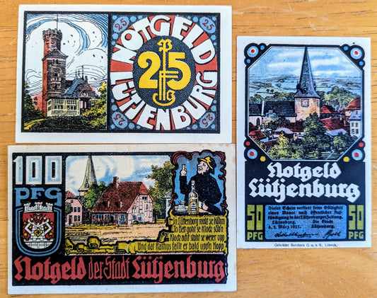 1921 Lutjenburg Germany 25, 50, 100 Pfennig Notgeld Set - Complete Denomination Set - 1921 German Emergency Currency Pfennig Note Set