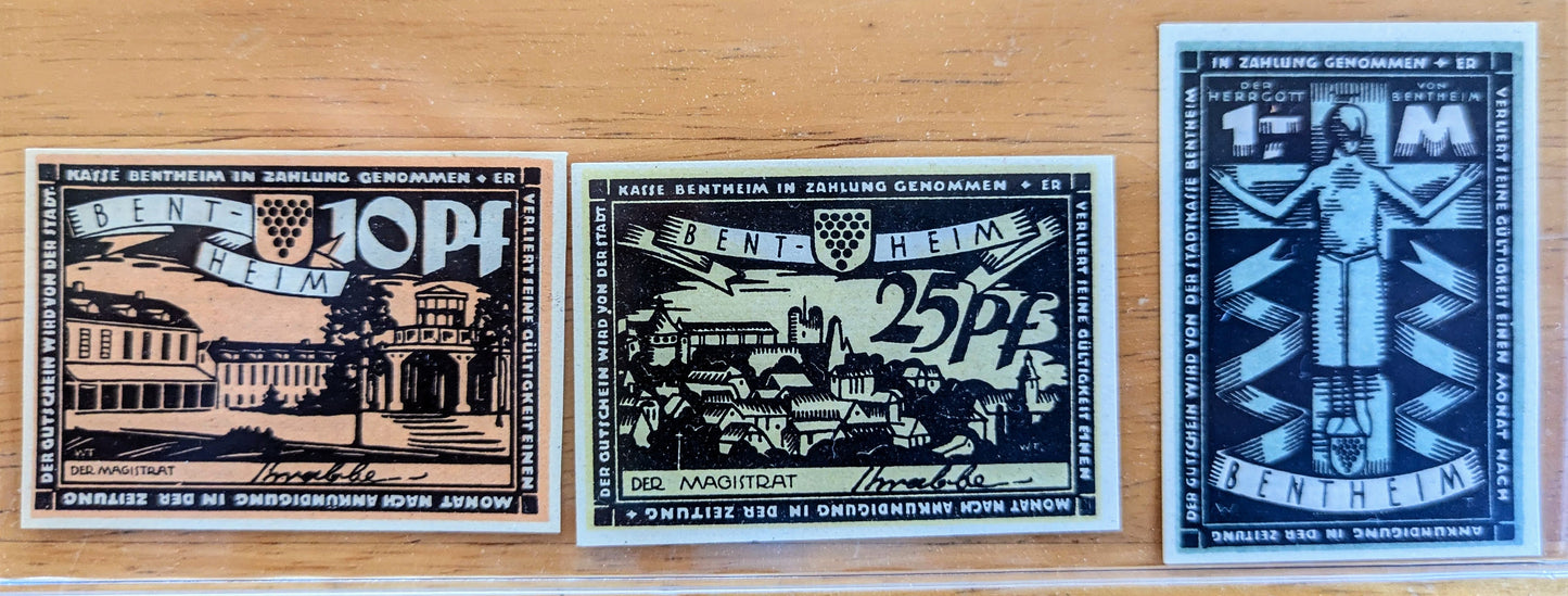 1921 Bentheim Germany 10 & 25 Pfennig 1 Mark Notgeld Set - Small Size Notgeld - 1921 German Emergency Currency Pfennig Note Set