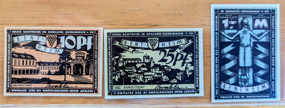 1921 Bentheim Germany 10 & 25 Pfennig 1 Mark Notgeld Set - Small Size Notgeld - 1921 German Emergency Currency Pfennig Note Set