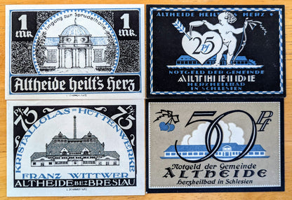Rare 1921 Altheide 25, 50, 75 Pfennig and 1 Mark Notgeld Set - Blue Cupids & Hearts Series - 1921 German Emergency Complete Notgeld Set