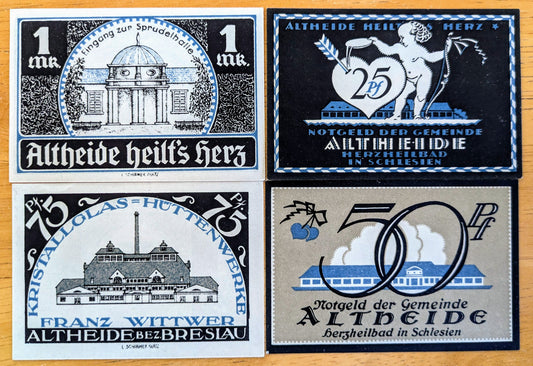 Rare 1921 Altheide 25, 50, 75 Pfennig and 1 Mark Notgeld Set - Blue Cupids & Hearts Series - 1921 German Emergency Complete Notgeld Set