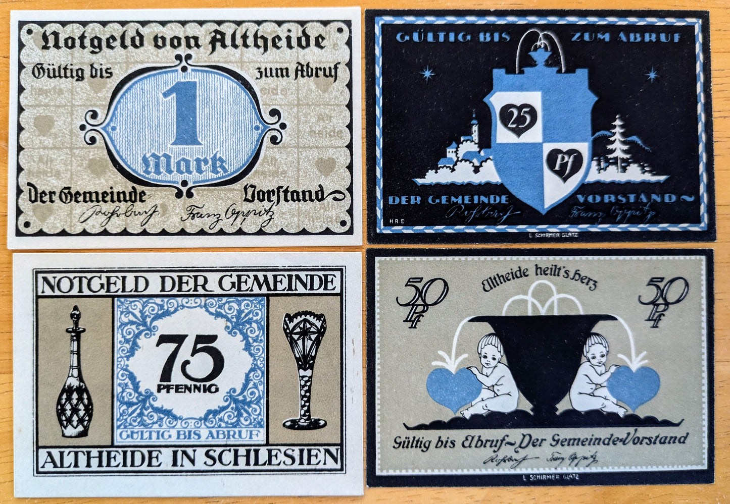 Rare 1921 Altheide 25, 50, 75 Pfennig and 1 Mark Notgeld Set - Blue Cupids & Hearts Series - 1921 German Emergency Complete Notgeld Set