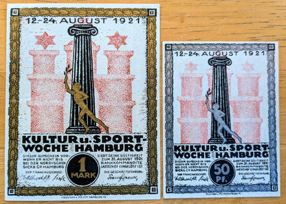 Rarer 1921 Hamburg Culture & Sports Week 50 Pfennig, 1 Mark Notgeld Set of 2 - Metallic Series - 1921 German Emergency Currency Note Set