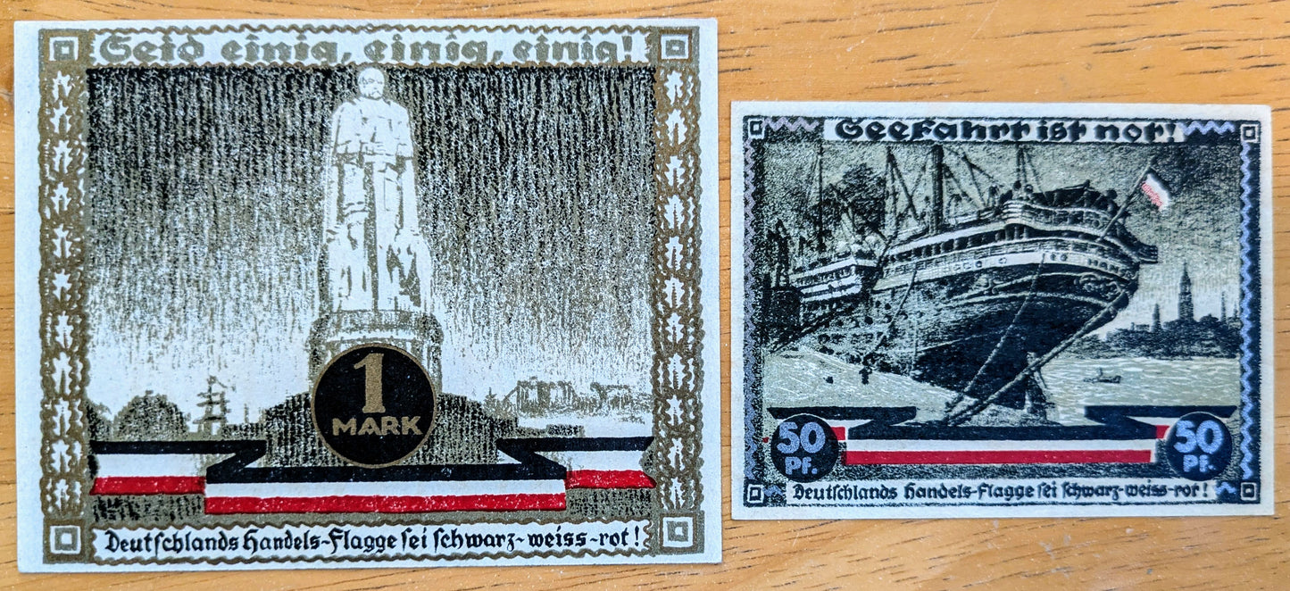 Rarer 1921 Hamburg Culture & Sports Week 50 Pfennig, 1 Mark Notgeld Set of 2 - Metallic Series - 1921 German Emergency Currency Note Set