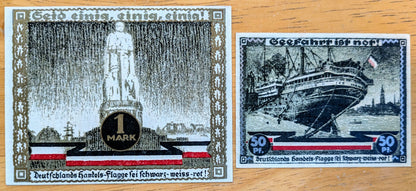 Rarer 1921 Hamburg Culture & Sports Week 50 Pfennig, 1 Mark Notgeld Set of 2 - Metallic Series - 1921 German Emergency Currency Note Set