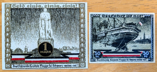 Rarer 1921 Hamburg Culture & Sports Week 50 Pfennig, 1 Mark Notgeld Set of 2 - Metallic Series - 1921 German Emergency Currency Note Set