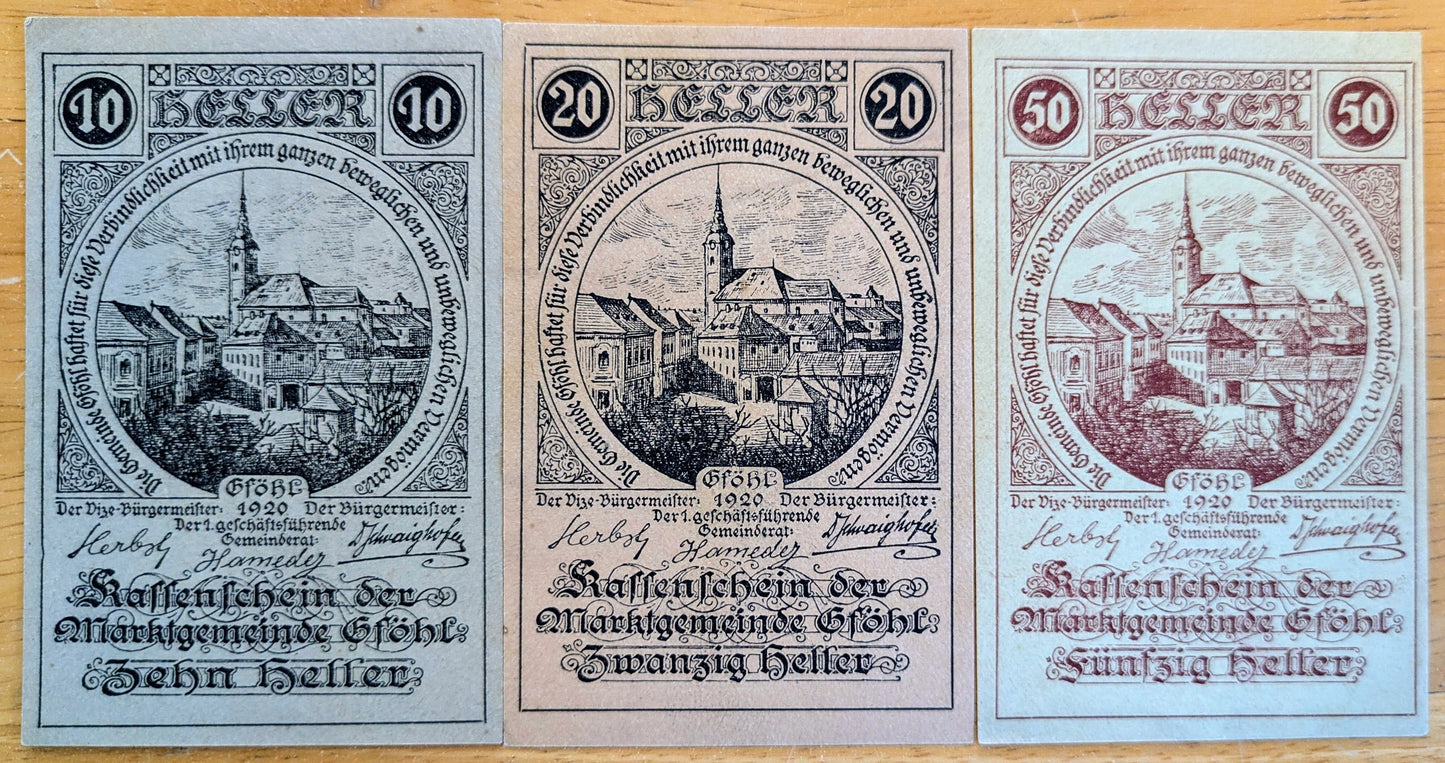 1920 Gfohl Austria 10, 20, 50 Heller Notgeld Complete Set - WWI Austrian Notgeld - 1920 Austria Emergency Note Full Denomination Set